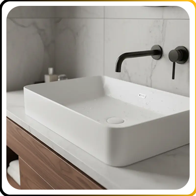 hotel toilet and bathroom basin with modern black taps