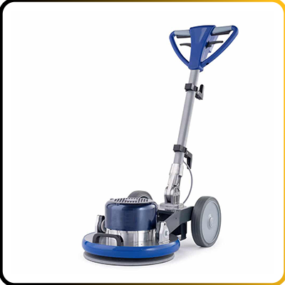 blue and silver floor scrubbing machine on a white background