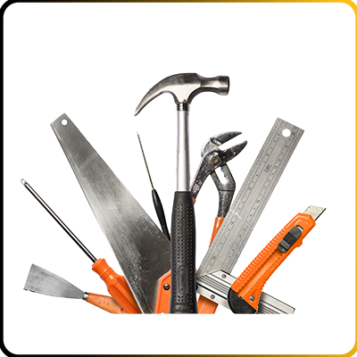 a selection of hand tools on a white background