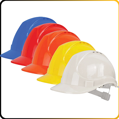 different coloured hard hats on a white background