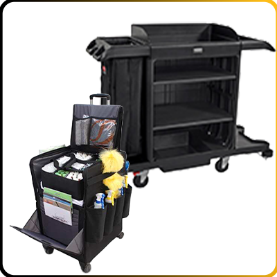 2 black hospitality housekeeping trolleys one small and one large one on a white background