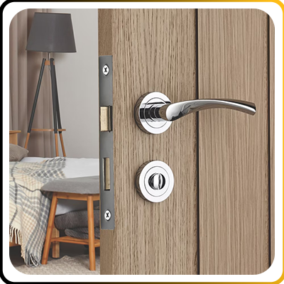 brown door with lock and handle in a hotel