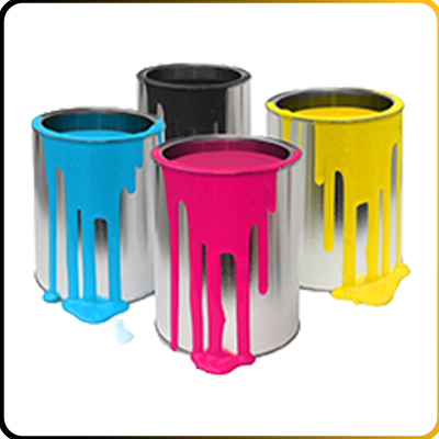 tins of different coloured paint with drips on a white background