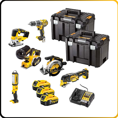 a selection of power tools on a white background