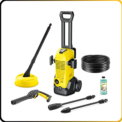 A Karcher yellow and black pressure washer with accessories on a white background