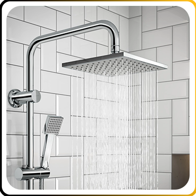 hotel modern shower with white tiles in the background