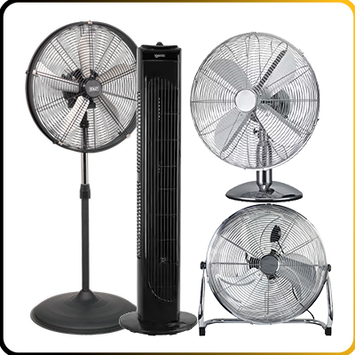 Different types of portable electric fans on a white background