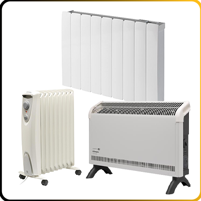 Three different types of electric heaters on a white background