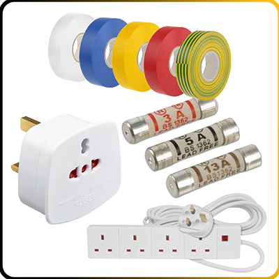 different electrical accessories on a white background