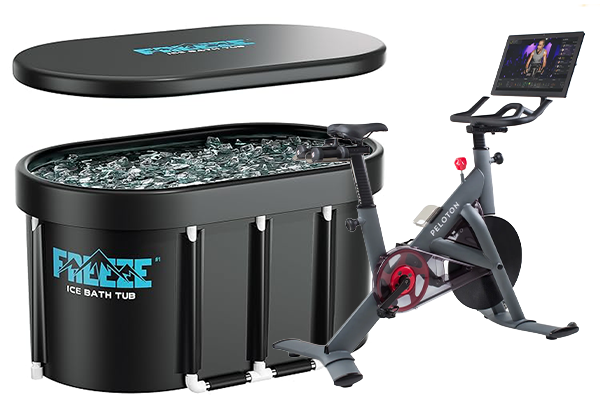 an ice bath and a Peloton bike on a white background