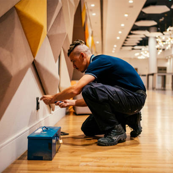 A hotel maintenance technician working on a plug socket