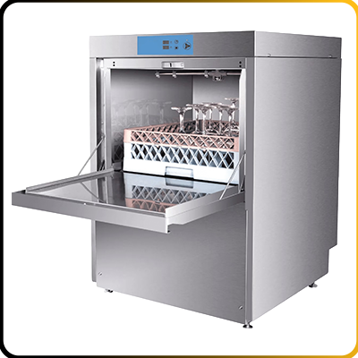stainless steel commercial dishwasher on a white background