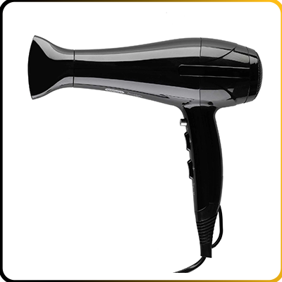 black hairdryer for hotel room on a white background