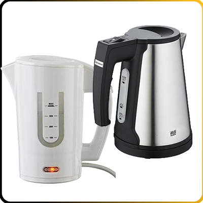 a white and a silver kettle for hotel room on a white background