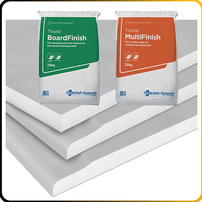 plasterboards and 2 bags of plaster on a white background