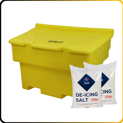a yellow salt bin with 2 bags of grit salt in front