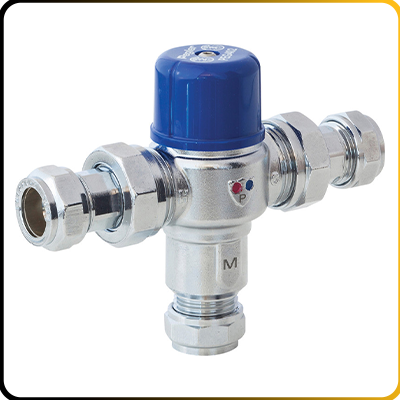 Thermostatic mixing valve with a blue knob on a white background